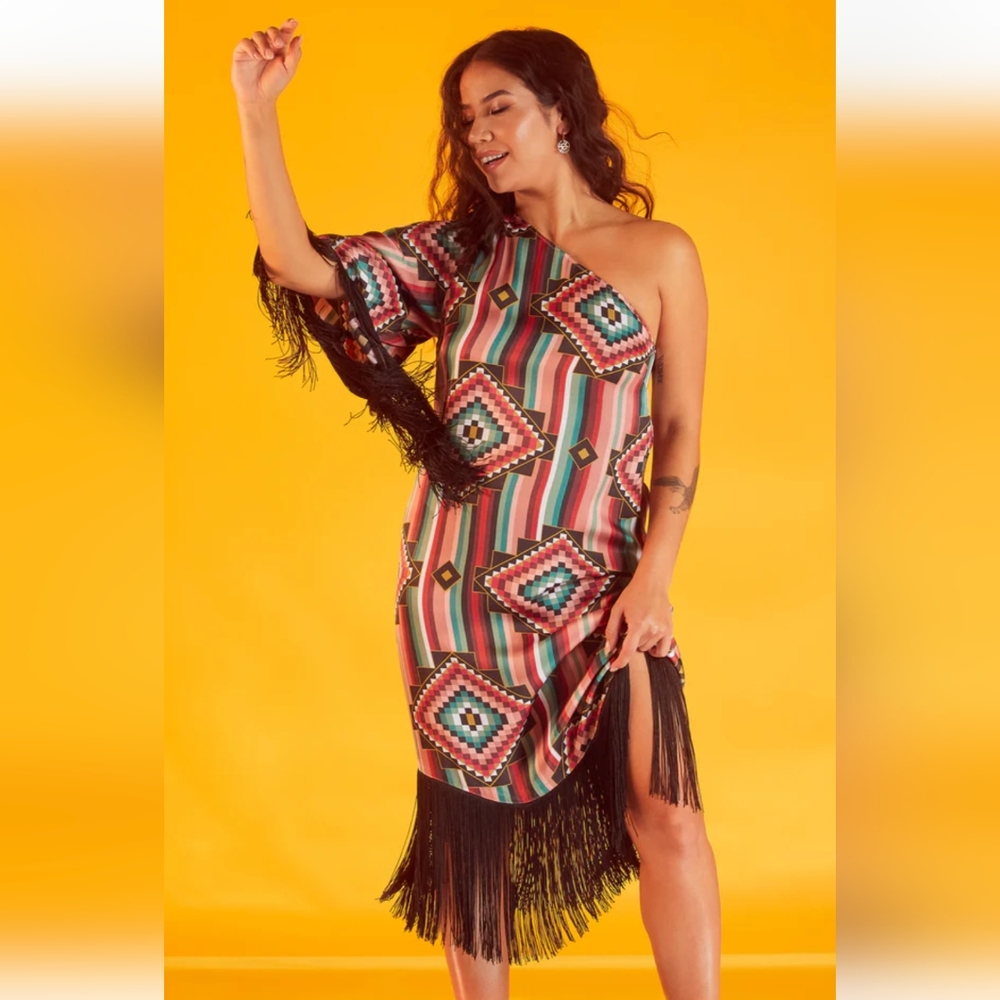 B.Yellowtail one shoulder fringe dress